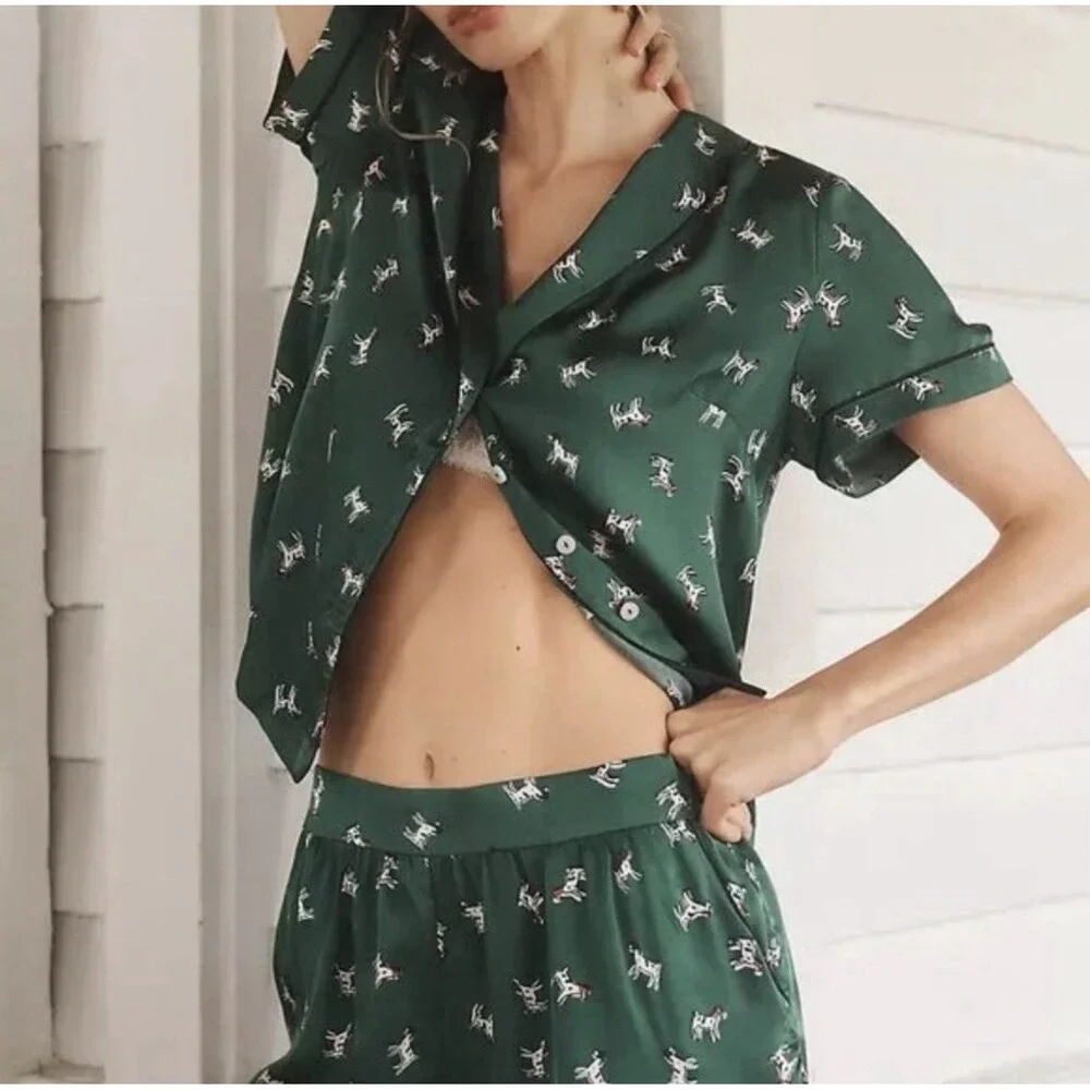 Anthropologie‎ Silky Pajama Sleep Short Size Small Green w Spotted Dog Lyrebird